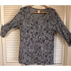 Ruby Rd. Ladies Size L  Long Sleeved Sweater Top Gray / Black Bling Neckline
